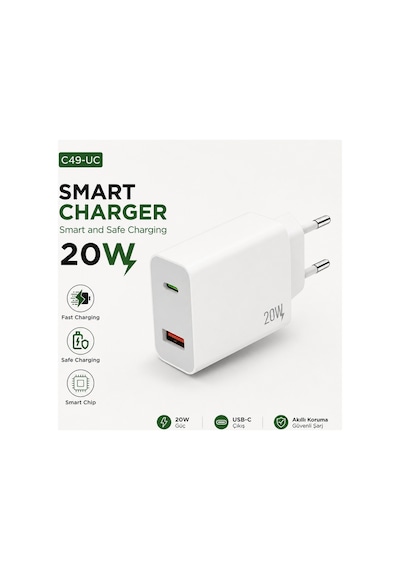 C49-uc Smart Charger 20w Usb Ve Type C Girişli Hızlı Şarj Destekli Şarj Adaptörü Fast Charging Smart Chip Safe Charging Adaptör Başlık C49-uc Smart Charger 20w Usb Ve Type C Girişli Hızlı Şarj Destekli Şarj Adaptörü Fast Charging Smart Chip Safe Charging Adaptör Başlık