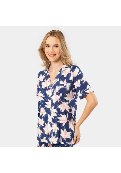 Türen Yaprak Desenli Kısa Kollu Gömlek Yaka Pijama Takımı 3355/lacivert 001