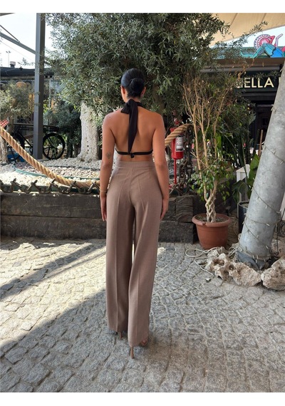 WeShaya Vizon Keten Düz Paça Pantolon Vizon