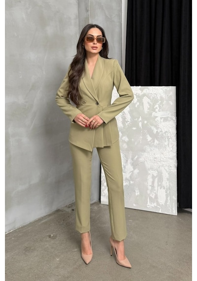 Msm Fashion Kadın İkili Blazer Ceket Pantolon Takım Pile Ve Düğme Detaylı Boru Paça Açık Haki