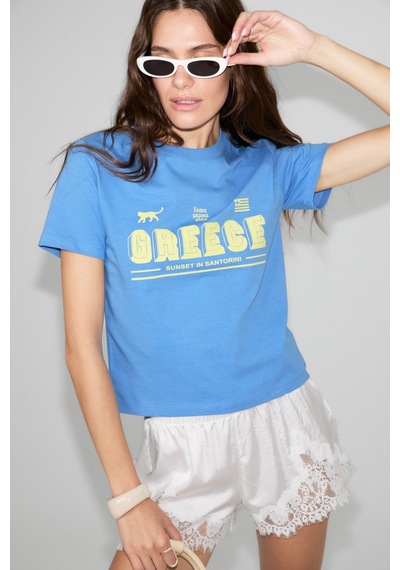 ETHIQUET Ethıquet Algher Kadın Baskı Desenli Kısa Kollu Organik Pamuklu Bisiklet Yaka Crop Mavi T-shirt