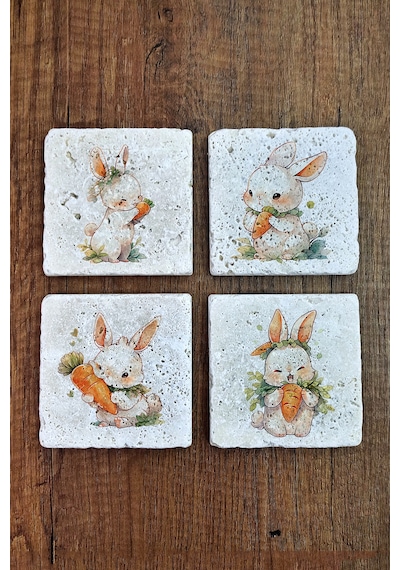 Sevimli Tavşanlar Temalı Doğal Taş Bardak Altlığı - Stone Coasters Çok Renkli