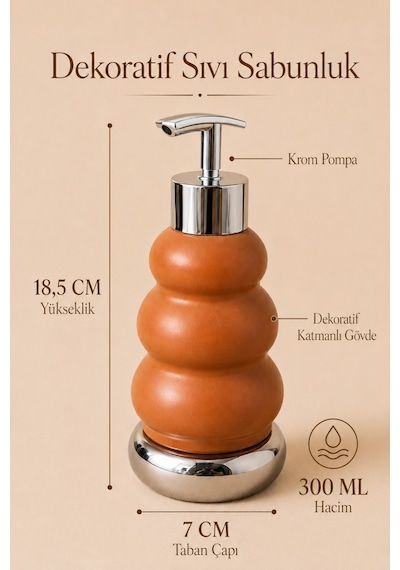 Trıo Dekoratif Premium 3 Boğumlu Sıvı Sabunluk 300 Ml Krom Görünümlü Pompalı Pastel Yeşil Banyo Ve Mutfak Sabun Dispenseri - 18,5 Cm X 7 Cm Turuncu