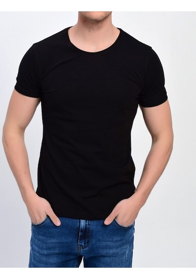 Nacar Store Erkek Siyah Bisiklet Yaka Likralı Basic T-shirt