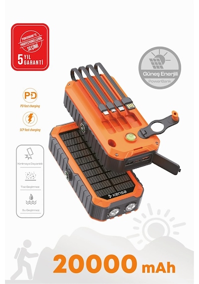 Güneş Enerjili Powerbank 20.000 Mah Taşınabilir Şarj Dahili Kablo Solar Şarj Cihazı Siyah - Turuncu