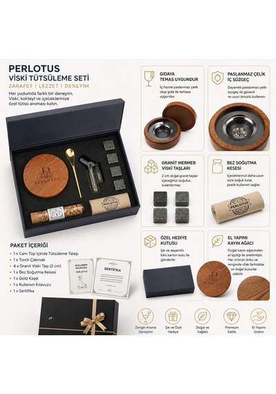 Perlotus Premium Kutulu Ahşap Viski Tütsüleme Seti Tüm Bardaklara Uygun Aparat, Talaş, Pürmüz, Viski Taşı