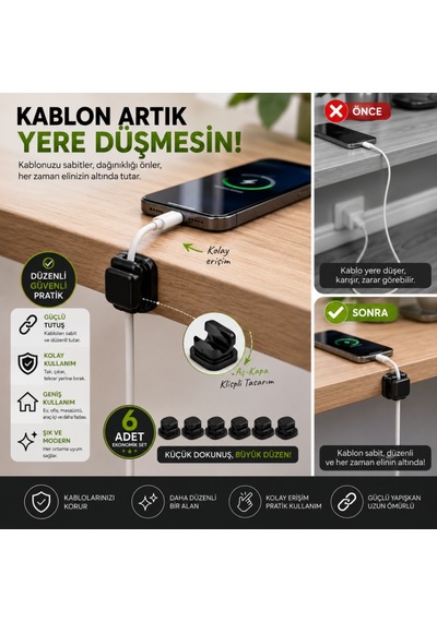 Coofbe 6'lı Yapışkanlı Kablo Tutucu Klips Masaüstü Kablo Düzenleyici Şarj Kablosu Sabitleyici