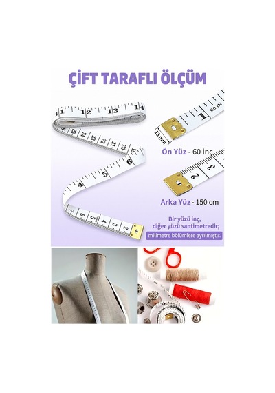 Beyaz Mezura 150 Cm 1 Adet Renkli Meziro Terzi Baş Vüvut Ölçüm Metresi Beden Ölçmek Mezro Çift Yönlü