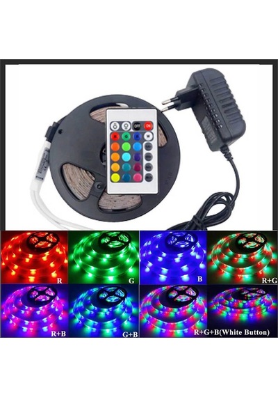 Tedar Rgb Şerit 5 Metre 16 Renkli Kumandalı Adaptörlü Çift Taraflı Bant Najmaddin Standart
