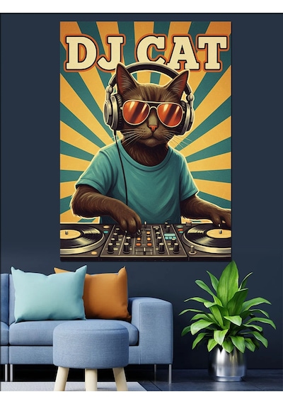Ahşap Tablo Kulaklıklı Dj Kedi Çocuk Dekoratif Tablolar