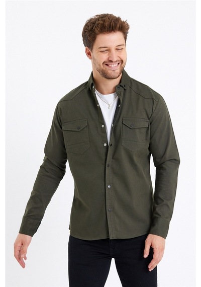Tarz Cool Erkek Çift Cepli Çıt Çıt Düğmeli Slim Fit Kot Gömlek Haki
