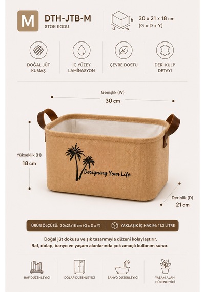 Jüt Kumaş Düzenleyici Sepet 30x21x18 Cm Açık Ağızlı Organizer Sepeti Raf Dolap Banyo Düzenleyici Doğal