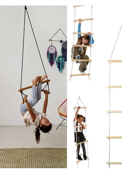 Çocuk Ahşap İp 6 Merdiven Ve Trapez Salıncak 2 Li Eğitici Settırmanma Kulesi & Trapez Jimlastik Salı