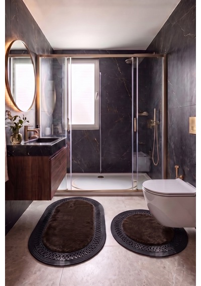 Banyo Paspası Takımı 60x100+60x60 Cm İç Trikot Acı Kahve & Siyah