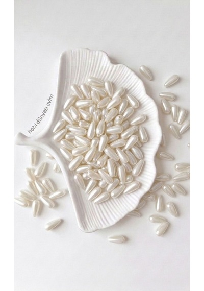 50 Adet 7x15 Mm Krem Renk Plastik Kırışık Damla Model İnci Boncuk Çanta Takı Aksesuar Boncuğu