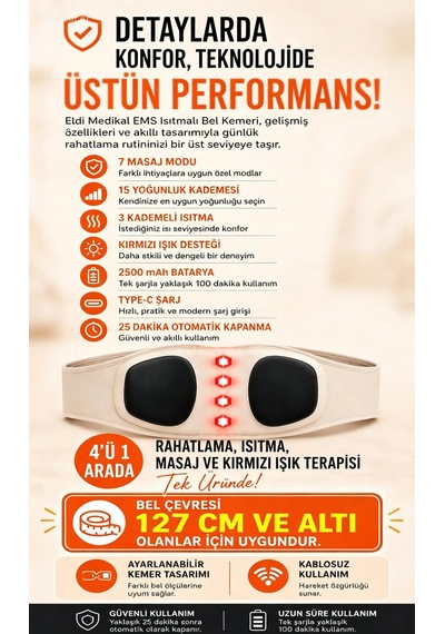 Ems Isıtmalı Bel Masaj Kemeri -7 Mod 15 Yoğunluk 3 Kademeli Isıtma Kırmızı Işık Type-c Şarjlı 2500 Mah Bej