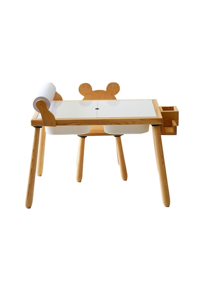 Woodnjoy Ahşap Duyusal Çocuk Aktivite Masası+1 Sandalye Seti Rulo Kağıt - Beyaz