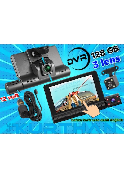 4inç Dokunmatik 3 Kameralı Araç İçi Dvr 128 Gb 12 Volt