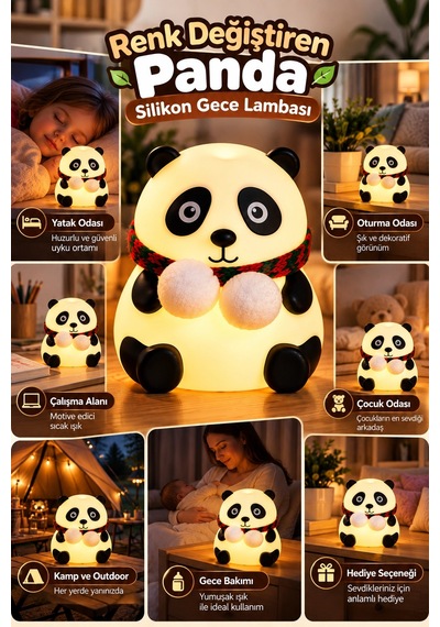 Sevimli Panda Silikon Gece Lambası Renkli Işık Modu Dokunmatik Kontrollü Aydınlatma Diğer