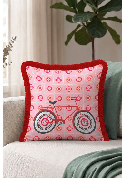 Retro Bisiklet Motifli Saçaklı Yastık Kılıfı - Nostaljik Pembe Bordo Püsküllü Kırlent Kılıfı Sakin Rota Ritüel Retro Bisiklet Motifli Saçaklı Yastık Kılıfı - Nostaljik Pembe Bordo Püsküllü Kırlent Kılıfı Sakin Rota Ritüel