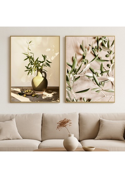 Zeytin Sessizliği - Gerçek Cama Baskı Gold Alüminyum Metal Çerçeveli 2'li Modern Tablo