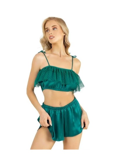 Ang Butik Kadın Dantel İşlemeli 2'li Zümrüt Saten Şort Takımı