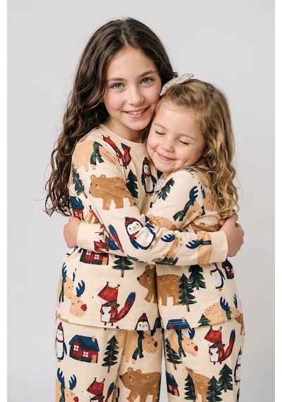 Zuzunga Sevimli Kardan Adam-penguen Desenli %100 Pamuk Unisex Çocuk Pijama Takımı Krem