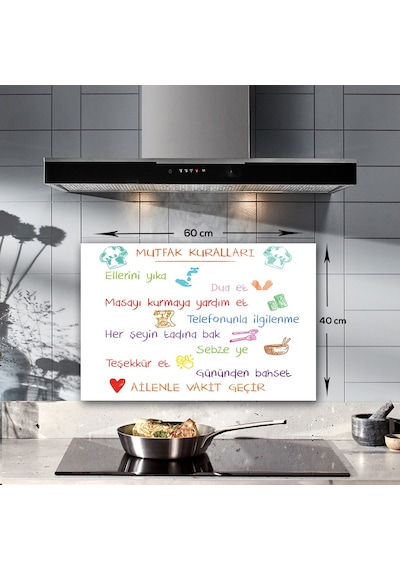Decorita Renkli Mutfak Kuralları  Cam Ocak Arkası Beyaz  40x60cm