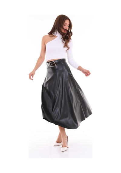 Winmoda34 Deri Etek Uzun Kemer Detaylı Kloş Model Siyah