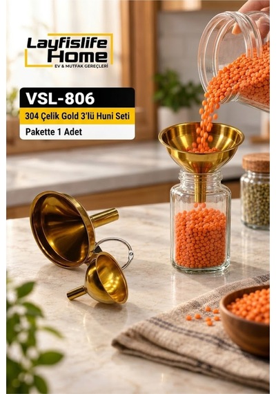Gold Çelik 3'lü Huni Seti Mutfak Şişe Kavanoz Dolum Hunisi Sıvı Aktarma Hunisi Vsl-806 Diğer