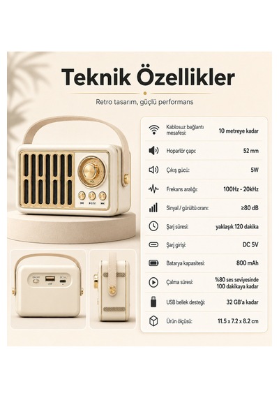 Retro Kablosuz Hoparlör Fm Radyo Usb Destekli Taşınabilir Askılı Şarjlı Bluetooth Speaker 5w