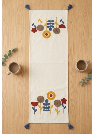 Botanik Rüya Renkli Punch Nakışlı Püsküllü Pamuk Runner 40x130 Cm Mavi