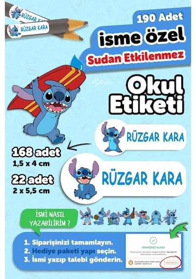Okul Etiketi Kalem Defter İsimli Etiket Isim Yazılabilen Stitc- 190 Adet Özel Tasarım Etiket Çok Renkli