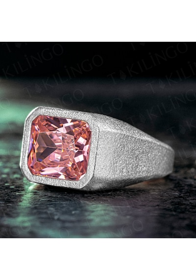 925 Ayar Gümüş Pembe Zirkon Taşlı Sade Erkek Yüzük Gümüş