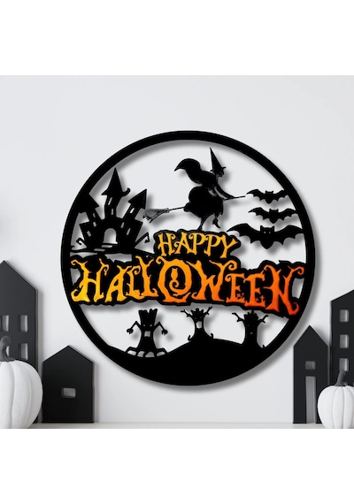 3d Baskı Happy Halloween Yuvarlak Duvar Panosu Cadı Şato Yarasa Silüetli Kapı Süsü Duvar Dekoru Siyah Çok Renkli
