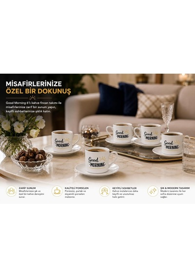 6 Lı Porselen Kahve Fincanı Takımı Good Morning Desenli 6 Fincan 6 Tabak Türk Kahvesi Ve Espresso Fincan Seti Şık Sunum Ve Çeyizlik Çok Renkli