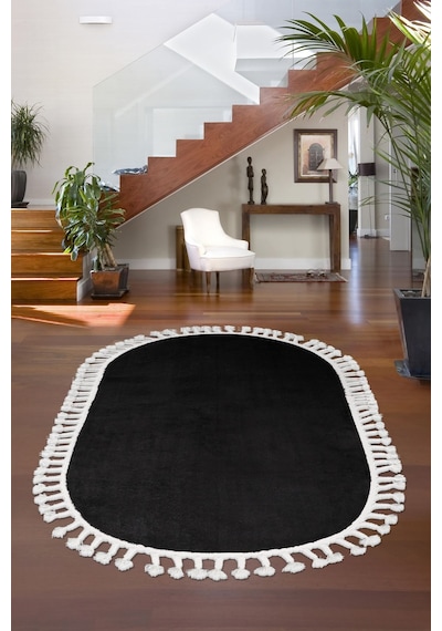 Dijidekor Peluş Halı Siyah Cool Saçaklı Oval Post Kesme Yollu...