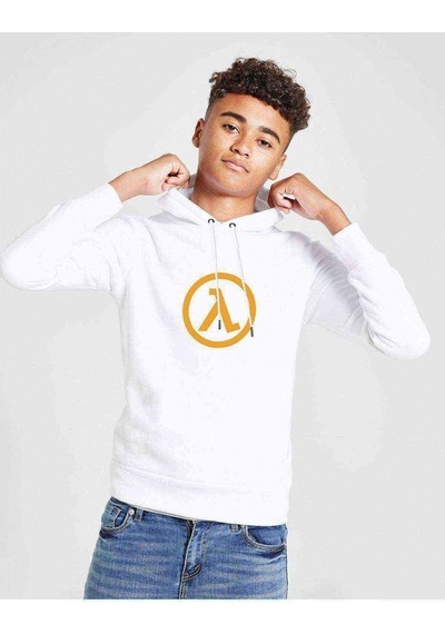 Tshirthane Half Life Logo Baskılı Unisex Çocuk Kapüşonlu Beyaz Sweatshirt Beyaz