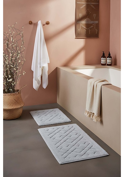 Geometrik Desenli Pamuklu 2 Li Banyo & Klozet Paspas Takımı Gri