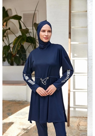 Rozamay 253132 Opal Lacivert Tam Boy Lycralı Dijital Desen Tesettür Mayo Lacivert