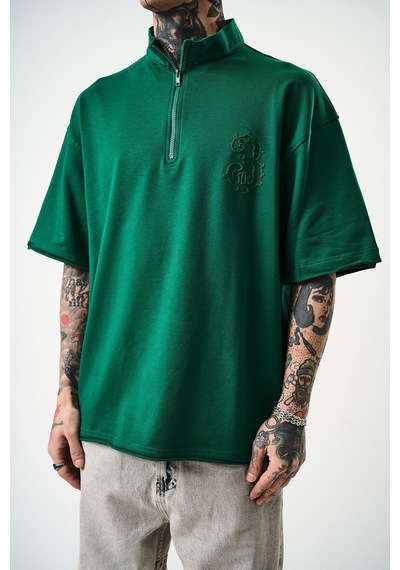 Respire Erkek 3 Nakışlı Yarım Fermuarlı Oversize T-shirt Nefti