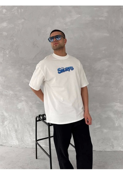 Modi Ön Ve Arka Baskılı Oversize Bisiklet Yaka T-shirt- Beyaz