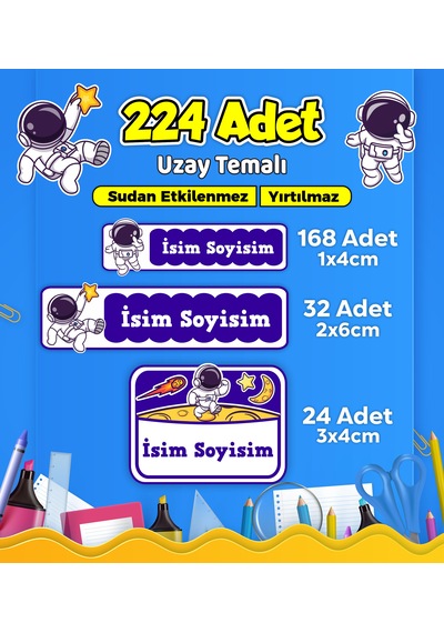 Uzay Temalı Okul Kreş Kişiye Özel İsim Etiket Seti - Model 532 Çok Renkli