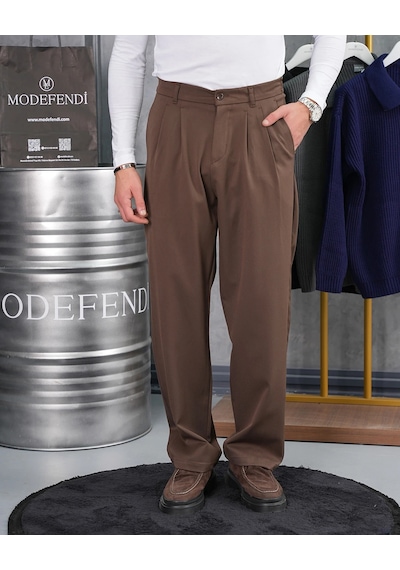 Modefendi Baggy Kesim Pile Detaylı Kumaş Pantolon Kahverengi