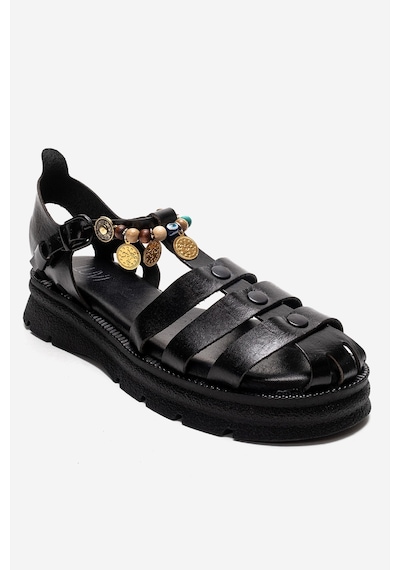 Luvishoes Solıs Siyah Hakiki Deri Boncuklu Kadın Sandalet