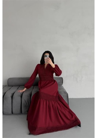 Dipmoda Kadın Atlas Kumaş Dantel Detaylı Elbise Dpms2517 Bordo