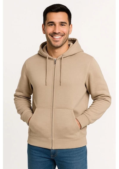 Biçomi Dört Mevsim Tam Fermuarlı Termal Konfor 3 İplik Erkek Hoodie - Bej