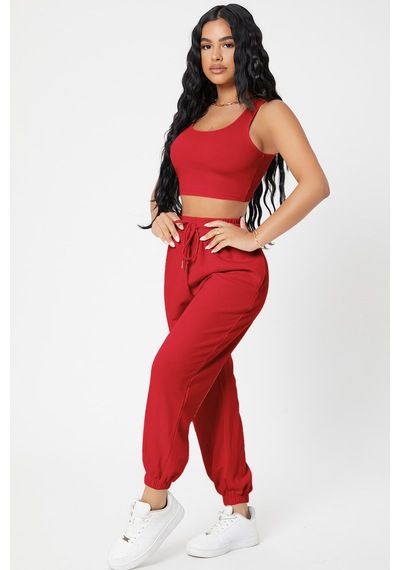Modi Kadın Kırmızı Kaşkorse Cepli Jogger Eşofman Altı Ve Crop Top Bluz