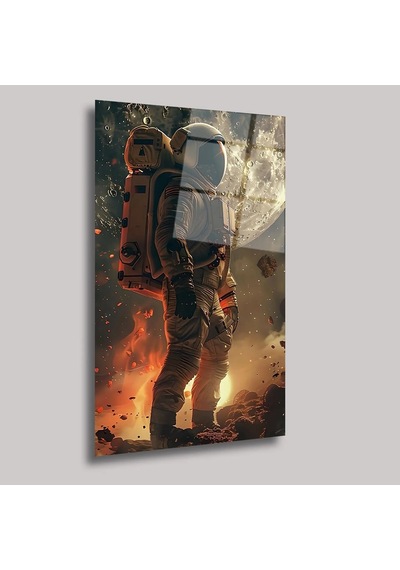 Ay Ve Astronot Cam Tablo Ay Işığında Uzay Temalı Duvar Dekoru 7