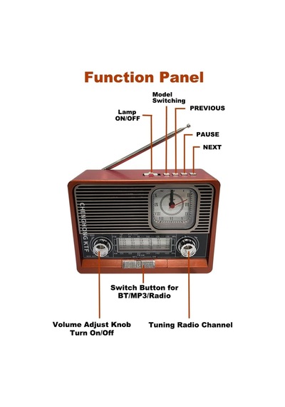 Şarjlı Nostaljik Radyo Fm Sd Kart Usb Girişli Bluetooth Lu Ahşap Görünümlü Fenerli Radio